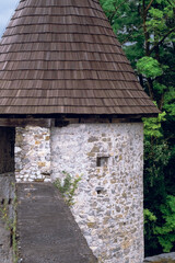 Fototapeta na wymiar Exterior of medieval castle in Novigrad na Dobri, Croatia, and old stone bridge 
