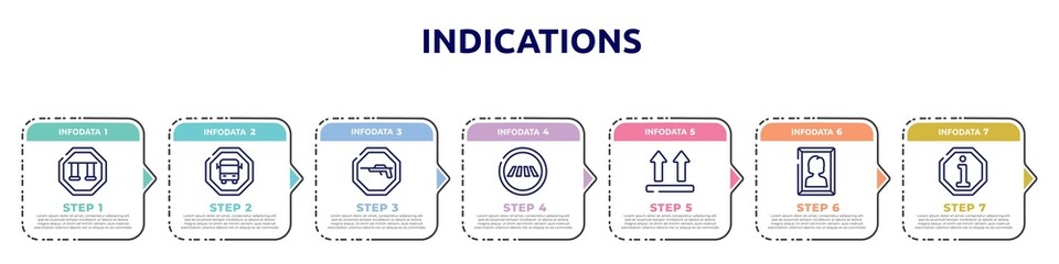 indications concept infographic design template. included swings, scholar bus stop, hunting zone, road crossing, lift, woman portrait, information icons and 7 option or steps.