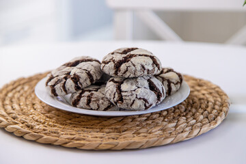 Chocolate chip cookies for breakfast on the table. Selective focus.