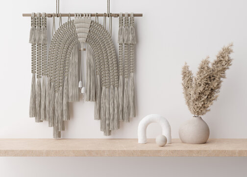 Handmade macrame hanging on the wall. Wall decor in Boho style, made of cotton threads in natural color using the macrame technique. Beautiful macrame wall panel, vase with pampas grass. 3D rendering.