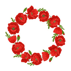 Round frame with red poppies isolated on white background. Floral wreath. Vector Illustration.