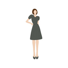 Silhouette of a girl in a dark green dress with a square hairstyle. The girl is a model for advertising beauty products, medicine, shopping. The girl's pose is completely rendered and clothes 
