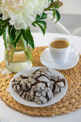 Chocolate chip cookies for breakfast on the table. Selective focus.