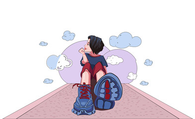 girl sitting on road in big sneackers