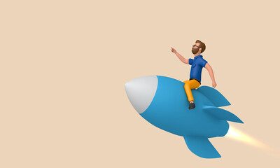 Business start up concept. Character with a rocket. 3D Rendering
