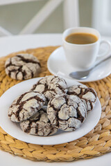 Chocolate chip cookies for breakfast on the table. Selective focus.