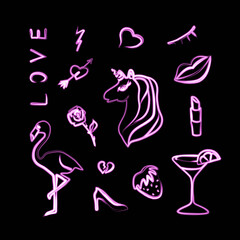 Vector set for nightclub with neon effect.