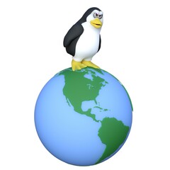 3D-illustration of a cute and funny cartoon penguine on ecosystem earth