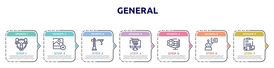 general concept infographic design template. included business networking, add photos, construction crane, ecommerce platform, data engineering, chat bot, credit report icons and 7 option or steps.