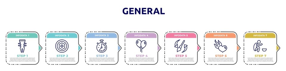 general concept infographic design template. included dyupel, insurance with a button, analog stopwatch, floating balloons, history brush, heart in flames, poor icons and 7 option or steps.