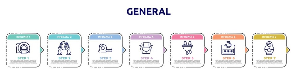 general concept infographic design template. included mri scanner, outsourcing, tape measure, weight loss, lead conversion, password phishing, matryoshka icons and 7 option or steps.