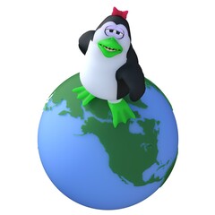 3D-illustration of a cute and funny cartoon penguine on ecosystem earth