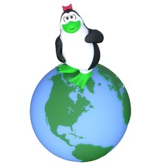 3D-illustration of a cute and funny cartoon penguine on ecosystem earth