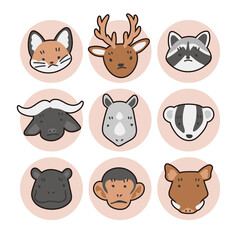 動物の顔のイラストのセット　線あり