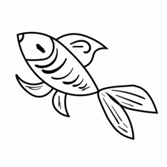 Black doodle fish vector illustration. Animal icon for kids. Line art on white background.