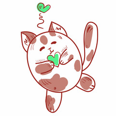 Cute cat with hearts doodle illustration. Animal vector icon. Black line art with color on white background.
