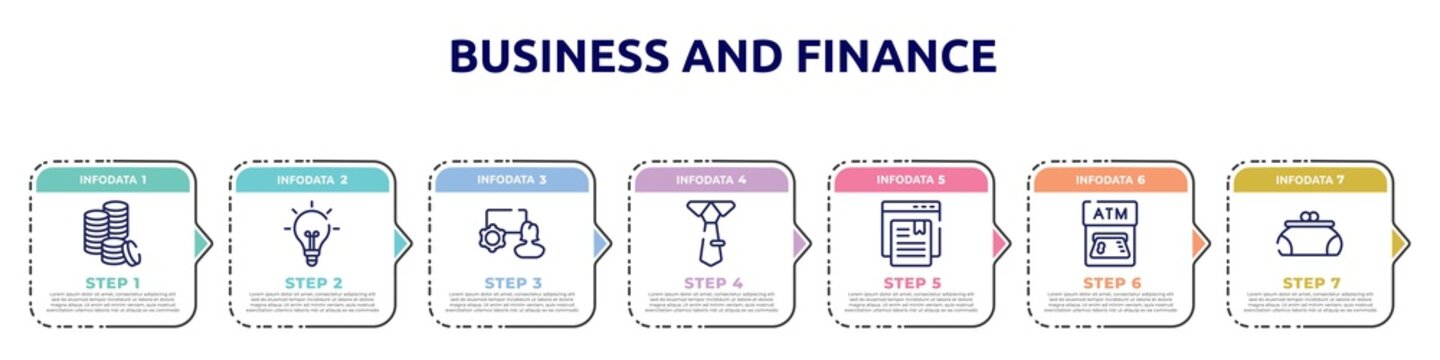 business and finance concept infographic design template. included three dollar coins stacks, lightbulb black tool shape, marketing seminar, big tie, bookmark service, atm card, women puser icons