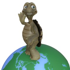 3D-illustration of a cute and funny cartoon tortoise standing fpr ecology