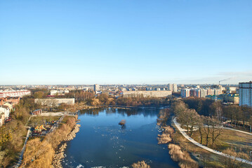 Fototapeta na wymiar Top view of the summer lake Veska, the city of Kaliningrad.