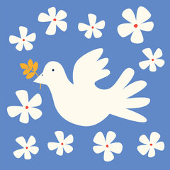 Dove image. International symbol of love and peace. Cartoon white pigeon with golden spike in the beak, simple flat vector illustration