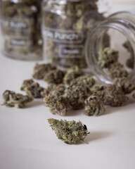 Cannabis buds dried and trimmed in glass jar with light background