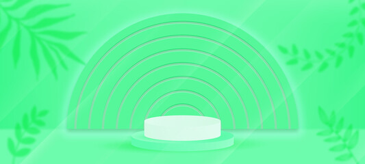 Abstract minimal scene with geometric forms. cylinder podium display or showcase mockup for product in green background with paper leaves.