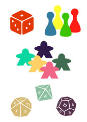 a set of  board game pawns, meeples, and dice for playing geek