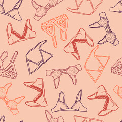 Seamless pattern with hand drawn cartoon outlines of tops, bras, bralettes. Cute swimwear icons for social networks, stories, advertisements, shops. Summer beach illustrations