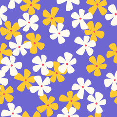 Retro botanical seamless pattern. Colorful vector print for fabric, paper, any surface with modern simple shaped flowers. Mid century art style. Vintage floral background.