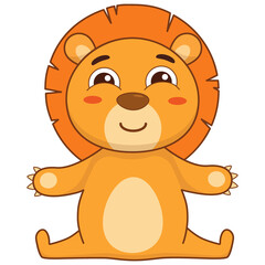 Cartoon charming lion sits with gifts and in a festive cap. Baby vector illustration