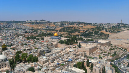 Fototapeta na wymiar Old city of Jerusalem in the summer aerial view, 2022