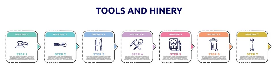 tools and hinery concept infographic design template. included sanding hine, null, knives, mine, electric gauge, dumpster, big double wrench icons and 7 option or steps.