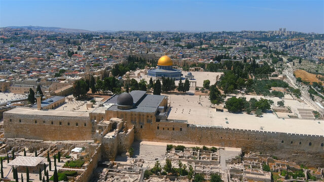Al Aqsa dome of the rock plaza, drone view

Beautiful drone shot from Old city of Jerusalem al Aqsa Mosque, June, 2022
