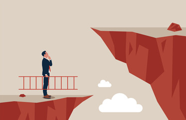 Confidence entrepreneur holding ladder about to climb cross to higher cliff. Solution to solve problem, motivation for business growth, improvement or brave to overcome difficulty or obstacle. - obrazy, fototapety, plakaty