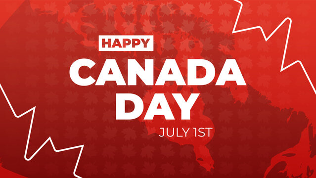 Happy Canada Day background. 1st of July. Vector illustration of abstract red background with maple leaves and Canada map for your design