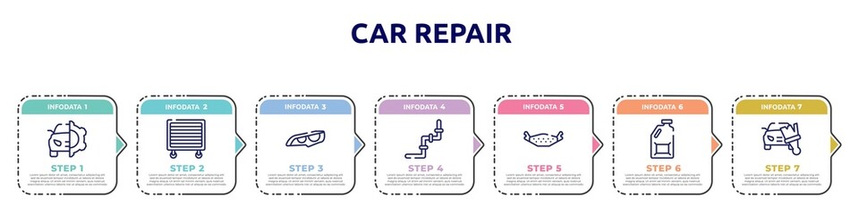 car repair concept infographic design template. included car service, garage wrench, headlights, junction, brake pad, jerrycan, car painting icons and 7 option or steps.