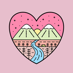 Nature mountain and river in love shape. design for t-shirt, kids stuff, sticker etc