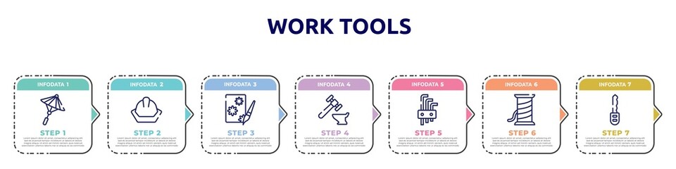 work tools concept infographic design template. included japanese umbrella, head protection, decoupage, blacksmith, allen keys, copper wire, car key icons and 7 option or steps.