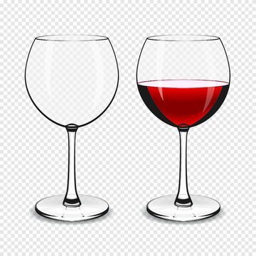 Wine glass, empty and with red wine isolated on a transparent background