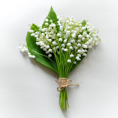 bouquet of white lilies of the valley on a gray background, cute summer bouquet of wild flowers