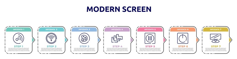 modern screen concept infographic design template. included rss updates subscription, wifi connection to internet, cookies, index folder, pause, standby, power button, widescreen monitor icons and 7