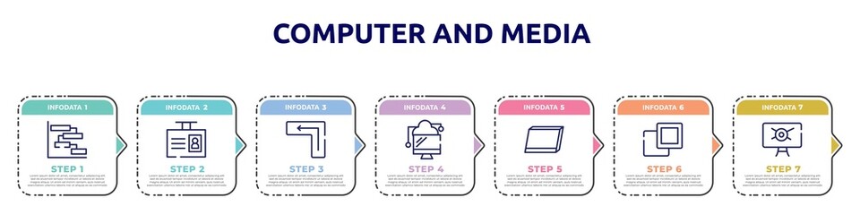computer and media concept infographic design template. included chart gantt, id badge, keyboard key enter, data transference by internet, tablet screen in perspective, 2 squares, computer virus