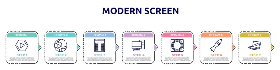 modern screen concept infographic design template. included media play, map, spreadsheet column, server from client, button touch, missile war weapon, laptop in perspective icons and 7 option or