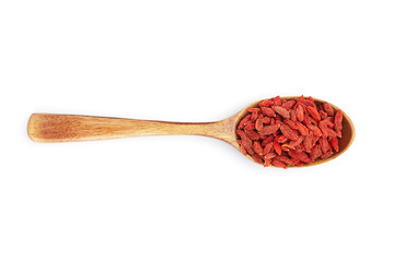 Dried goji berries in wooden spoon isolated on white