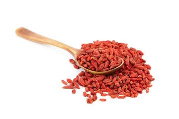Dried goji berries in wooden spoon isolated on white