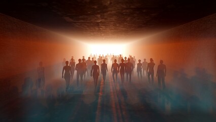 People go to light in the fog. In long tunnel. The crowd is moving into the distance. Throng goes in one direction. Mysterious world. Way to paradise.  3D rendering - obrazy, fototapety, plakaty