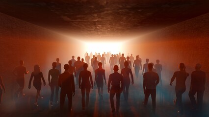 Fototapeta premium People go to light in the fog. In long tunnel. The crowd is moving into the distance. Throng goes in one direction. Mysterious world. Way to paradise. 3D rendering