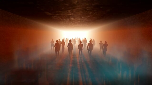 Only men go to light in the fog. In long tunnel. The crowd is moving into the distance. Throng goes in one direction. Mysterious world. Way to paradise. Lens Effect tilt shift. 3D rendering