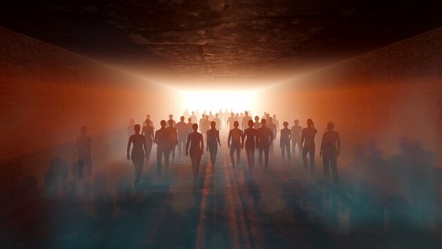 People Go To Light In The Fog. In Long Tunnel. The Crowd Is Moving Into The Distance. Throng Goes In One Direction. Mysterious World. Way To Paradise.  3D Rendering