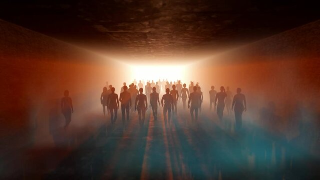 People go to light in the fog. In long tunnel. The crowd is moving into the distance. Throng goes in one direction. Way to paradise.  3D rendering